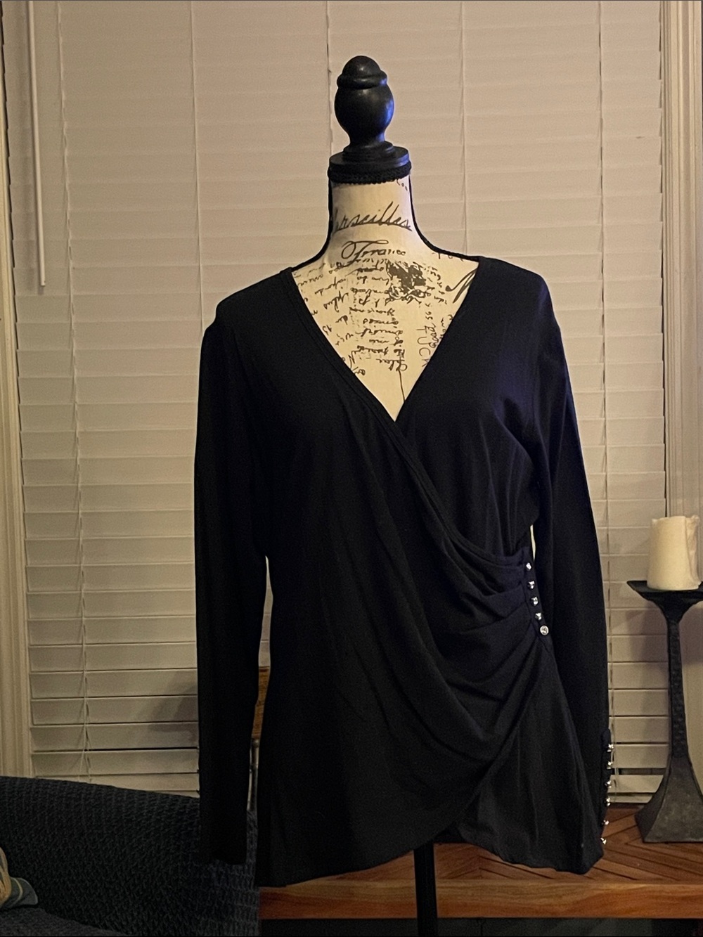 DG2 by Diane Gilman Black Wrap-Front Long Sleeve Top